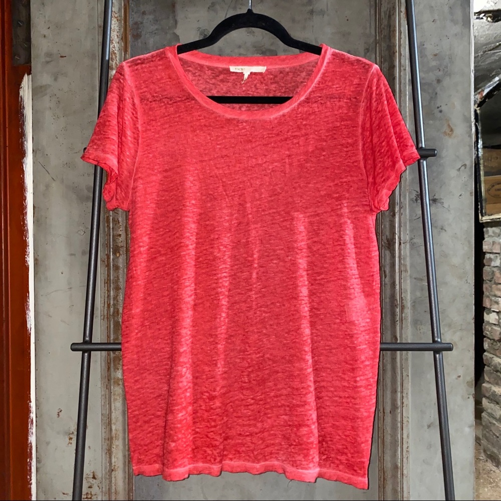 Maje Red Pink Linen Burnout Tee Shirt T-Shirt